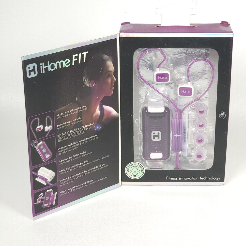 iHome Fit iB12WU Purple White Fitness Earbuds with Charger & Safety‎ Flasher